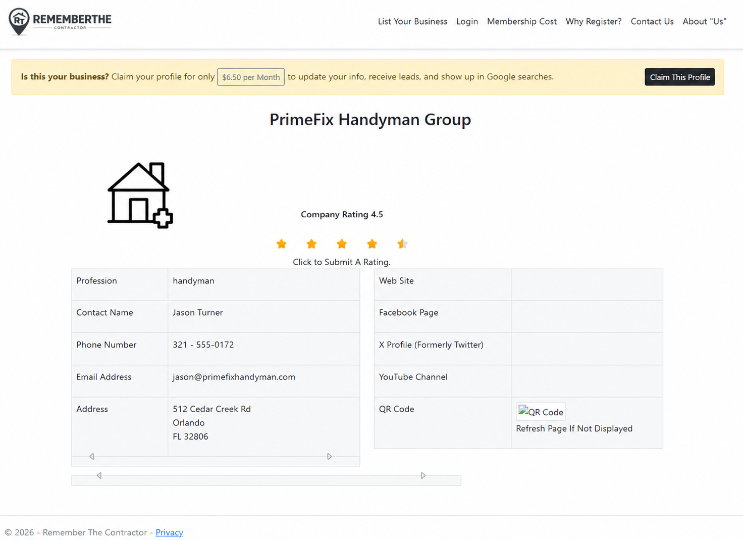 Unclaimed contractor profile